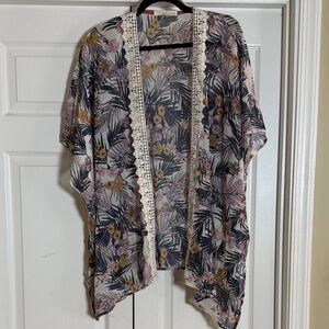 Rewind Floral Lace Trim Lightweight Kimono Cover-Up - Pink, Navy, Mustard